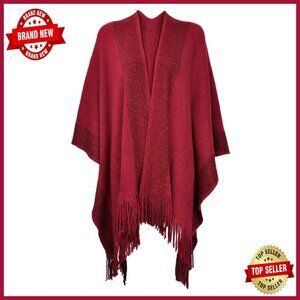 Soft Heavy Knit Poncho Cardigan Shawl Wrap Fringe Trim One Size
